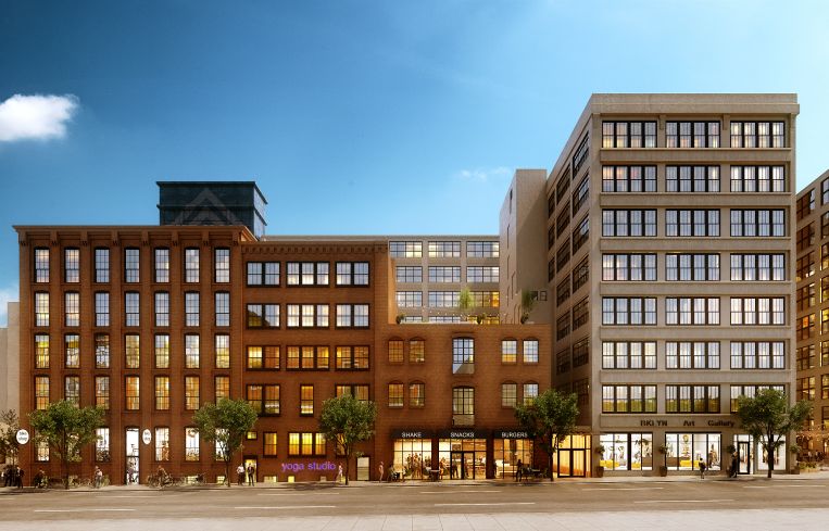 A street-level rendering of the Hall Street complex.