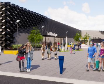 Rendering of the retail plaza entryway of Re-Habit.
