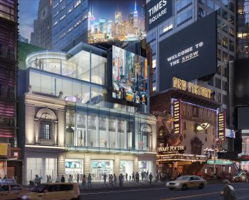 The Times Square Theater is being largely demolished for a new glass retail project, but the developer is preserving the facade and some historic interior elements.