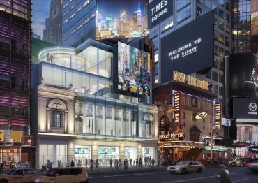 The Times Square Theater is being largely demolished for a new glass retail project, but the developer is preserving the facade and some historic interior elements.