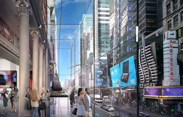 Visitors will be able to walk out over 42nd Street in the new Times Square Theater building.