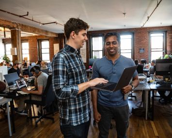 Meridio co-founders Corbin Page (left) and Mohammad Shaikh, at the company’s New York’s offices, are working to put shared building ownership on the blockchain. Shaikh said it will allow users to easily transfer shares without mountains of paperwork.