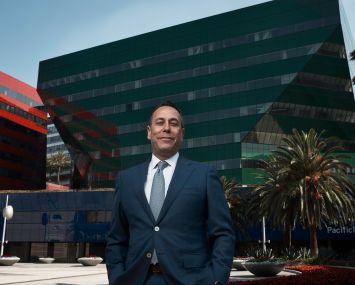 Marc Horowitz in front of the Pacific Design Center