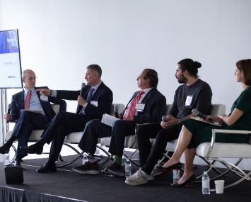 Michael Zetlin moderates a panel on Downtown's economic revival with Marty Burger, Douglas Durst, Dan Gardner and Jessica Lappin at CO's Downtown event.