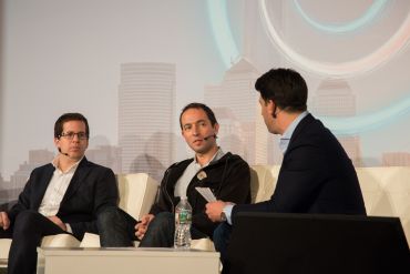 Skyline A.I. CEO Guy Zipori (left) and Knotel co-founder Edward Shenderovich on a panel about fundraising.