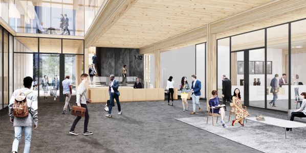 Interior rendering of the mass timber offices at Riverfront Square