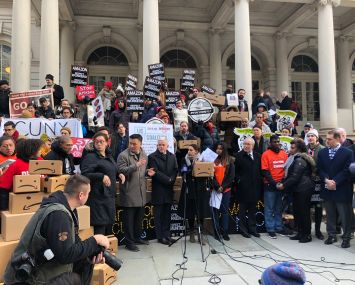 City Councilman Jimmy Van Bramer, Comptroller Scott Stringer, members of the Retail, Wholesale and Department Store Union and other opponents rally against the Amazon deal before a City Council oversight hearing on it.