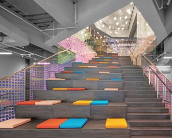 GroupM's new office space at 3 World Trade Center includes a bleacher stair for all-hands meetings.