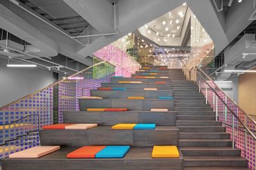 GroupM's new office space at 3 World Trade Center includes a bleacher stair for all-hands meetings.