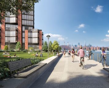 A rendering of waterfront park space at Greenpoint Landing, with 37 Blue Slip in the background.