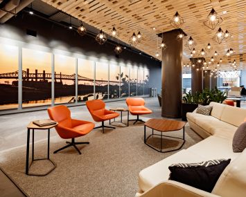 Redesigned Harborside 2 building lobby, featuring a panorama display of the Pulaski Skyway, taken by Jersey City-based photographer Joe Velez