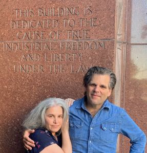 Kim Cooper and Richard Schave at the former headquarters of the LA Times at Times Mirror Square.
