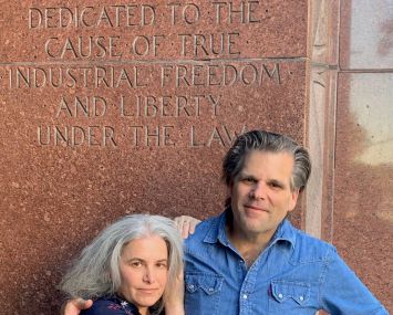 Kim Cooper and Richard Schave at the former headquarters of the LA Times at Times Mirror Square.