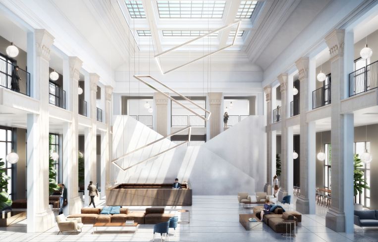 A rendering of the bank building as a commercial office lobby.