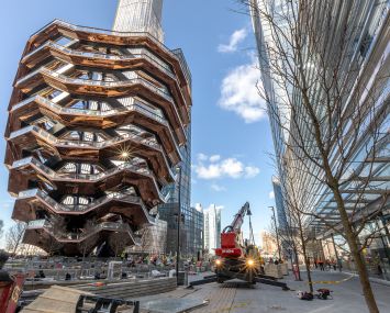 The Vessel and to the right, the Shops at Hudson Yards, just opened.