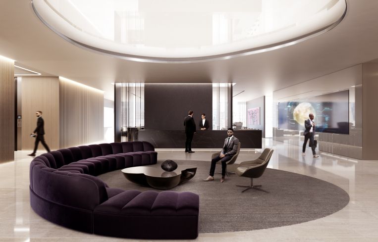 A seating area in the lobby of 50 Hudson Yards.