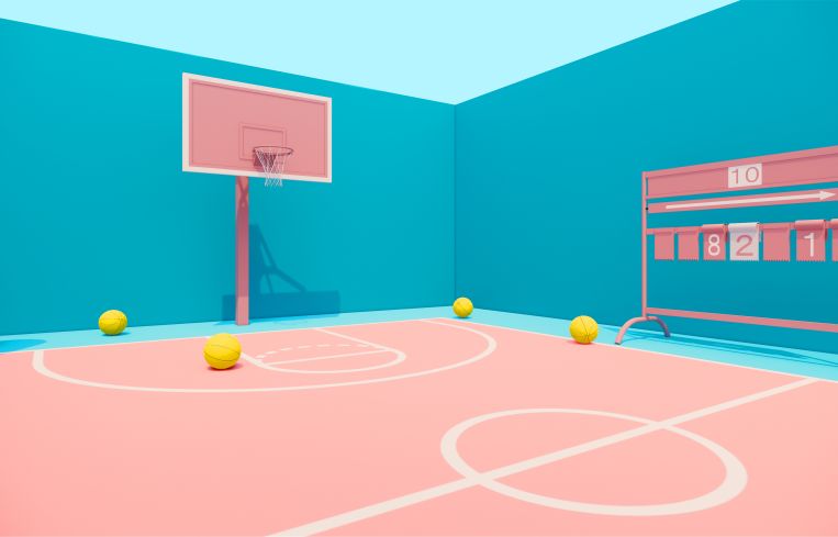 A room dedicated to The Staples Center features egg-like basketballs for play.