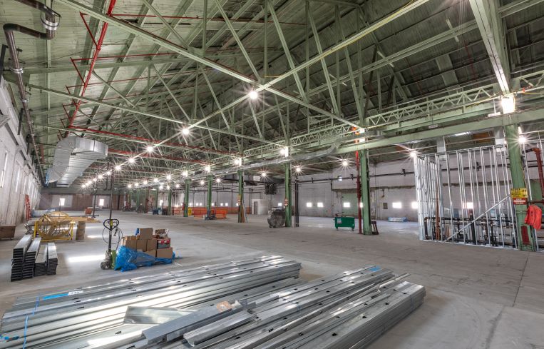 The historic catwalk and other details on the top floor of building 127 at the Brooklyn Navy Yard will be preserved and turned into a new office space.