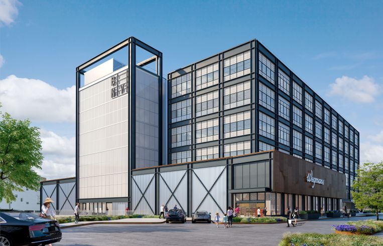 A rendering of the finished industrial and office building at 21 Flushing Avenue, which will include the ground floor Wegman's.