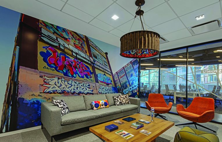 One of the open meeting areas has a photo of the now-demolished 5 Pointz complex in Long Island City.