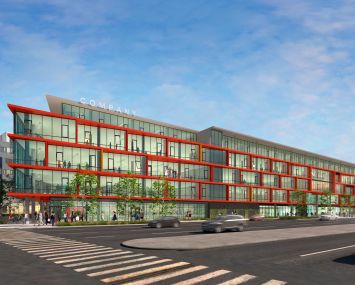 A rendering of Ivy Station's office view from Venice Blvd.