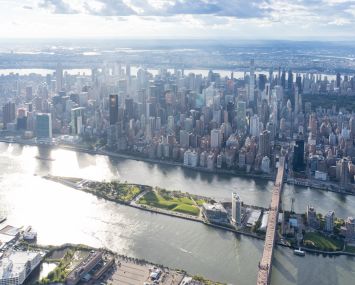 An aerial view of Cornell Tech's campus on Roosevelt Island, which was master-planned by SOM and features a passive house dorm designed by Handel Architects, two firms on our Power Designers list.