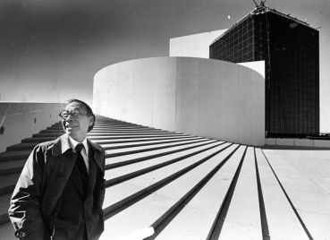 I.M. Pei stands outside the John F. Kennedy Presidential Library in Boston, which he designed, at its opening in 1979.