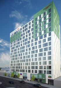 A rendering of the planned hotel in Jamaica, Queens.