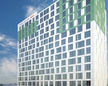 A rendering of the planned hotel in Jamaica, Queens.