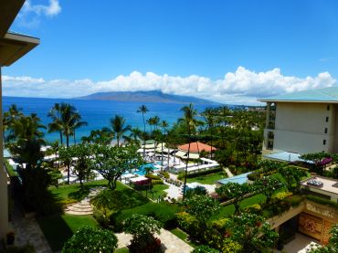 A shot of the courtyard and pool area at Four Seasons Resort Maui at Wailea. 