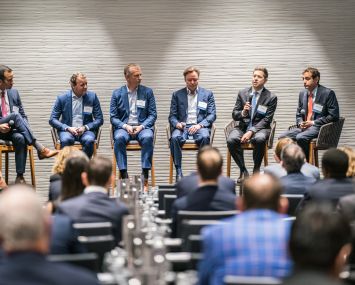 In the Tranches. From left to right:
Bill Fishel, Steve Fried, Alan Flatt, Warren De Haan, Charlie Rose and Seth Grossman.