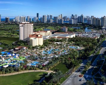 A shot of the resort, with Tidal Cove waterpark in the foreground.