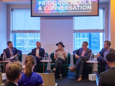 RXR Realty organizes a panel on allyship and inclusion in real estate at 75 Rockefeller Plaza. From left to right: RXR's Justin LaCourisiere, Airbnb's Josh Meltzer, Convene's Taryn Miller-Stevens, C&W's Charles McClellan, WeWork's Sam Lee.