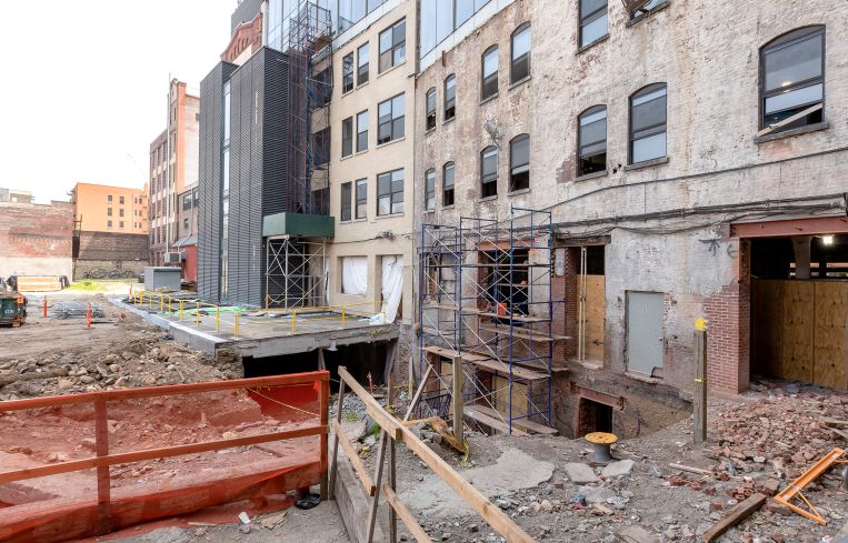 Behind the Malt House will be a landscaped courtyard, one of many landscaped green spaces that will help connect the former industrial buildings in the Manhattanville Factory District.