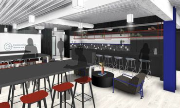 Rendering of second-floor communal pantry and event space at CommonGrounds Workplace. 
