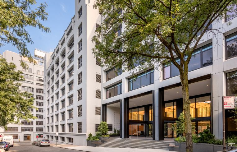 The new entrance to 25 Columbia Heights includes a new grand staircase and a two-story lobby.