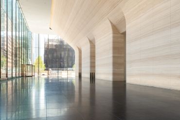 Designed by SOM, One Manhattan West's lobby features 400 tons of carved white Italian marble along the walls.