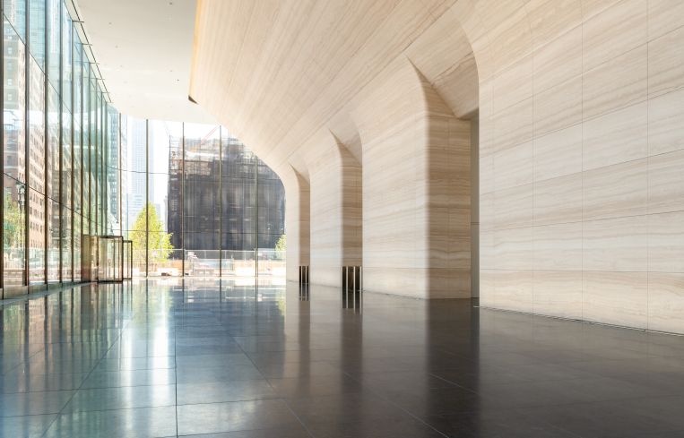 Designed by SOM, One Manhattan West's lobby features 400 tons of carved white Italian marble along the walls.