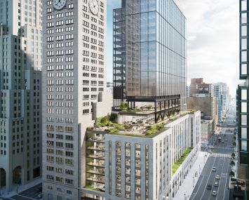 A rendering of One Madison Avenue on the border of Madison Square Park. Plans call for a new tower on top of the building's existing podium which will deliver 22 floors of office space.