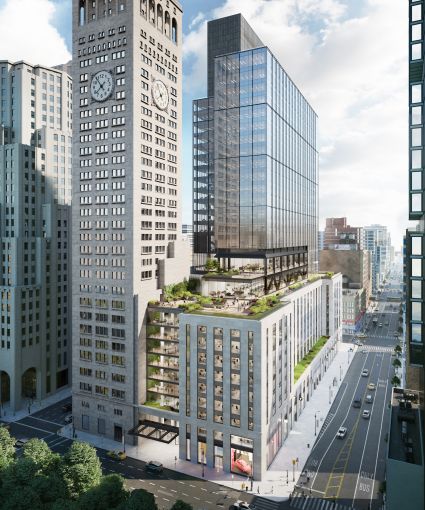 A rendering of One Madison Avenue on the border of Madison Square Park. Plans call for a new tower on top of the building's existing podium which will deliver 22 floors of office space.