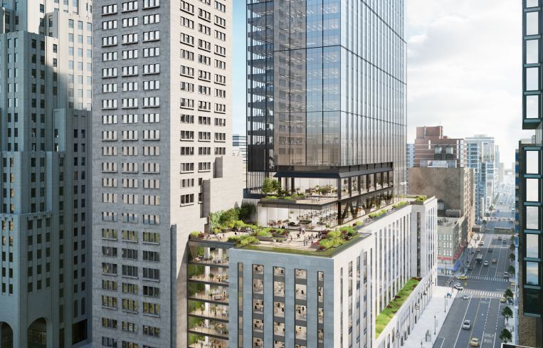 A rendering of One Madison Avenue on the border of Madison Square Park. Plans call for a new tower on top of the building's existing podium which will deliver 22 floors of office space.