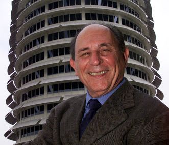 Lou Naidorf in front of his masterpiece, the Capitol Records building.