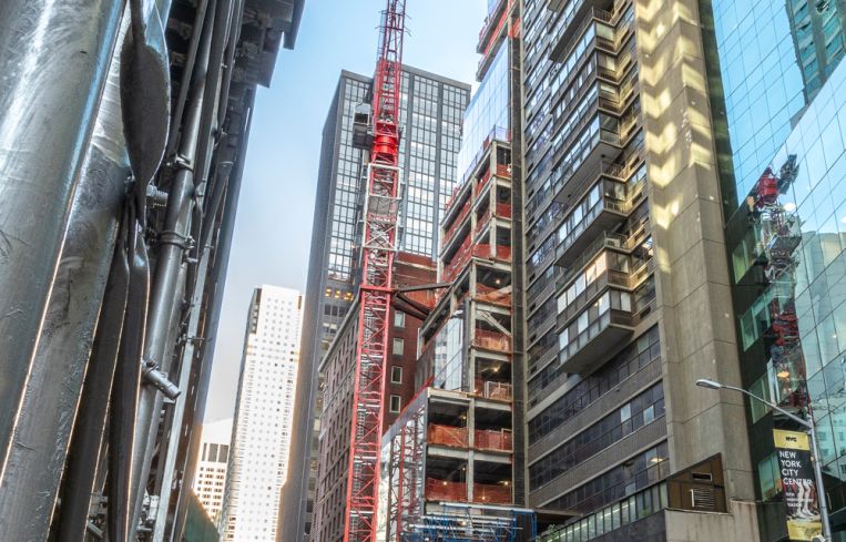 A look at the under-construction facade of 106 West 56th Street.