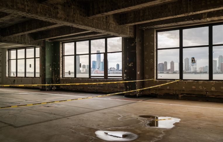 The view from within St. John's Terminal overlooking the Hudson River and New Jersey.