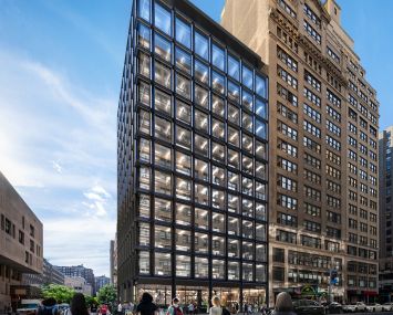 A corner view of 28&7, a new office building at 322-326 Seventh Avenue.