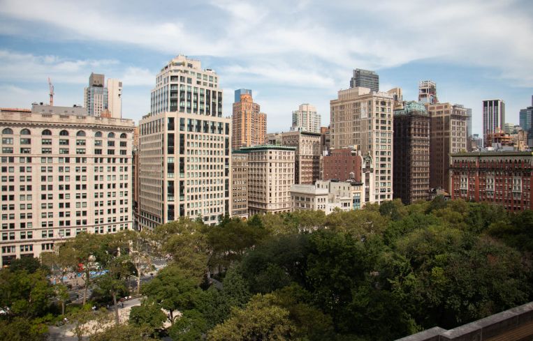 A view stretching uptown, including a glimpse of Jeff Bezos' penthouse pad, from the planned terrace at One Madison Avenue.