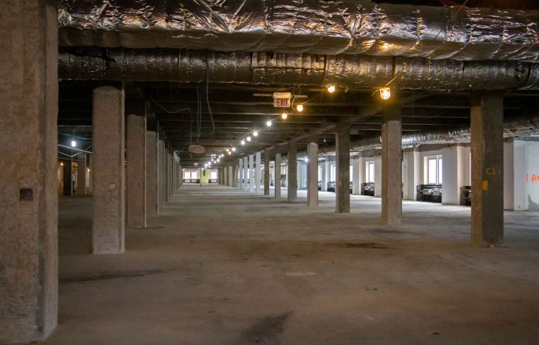 A podium floor formerly occupied by Credit Suisse that's undergoing demolition work.