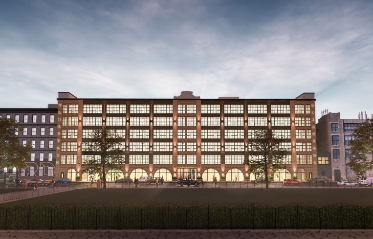 The warehouses will be combined into three office buildings joined by a common interior courtyard, shared basement space with a fitness center and bike parking, and a roof deck.