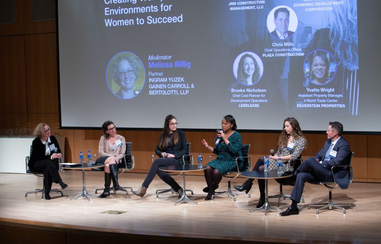 Melissa Billig of Ingram Yuzek Gainen Carroll & Bertolotti, Rachel Loeb of NYC EDC, Christine Estrada of JRM Construction, Yvette Wright of Silverstein, Brooke Nicholson of Lendlease and Chris Mills of Plaza Construction discuss how women can succeed in construction.
