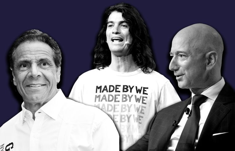 From left: Andrew Cuomo, Adam Neumann and Jeff Bezos